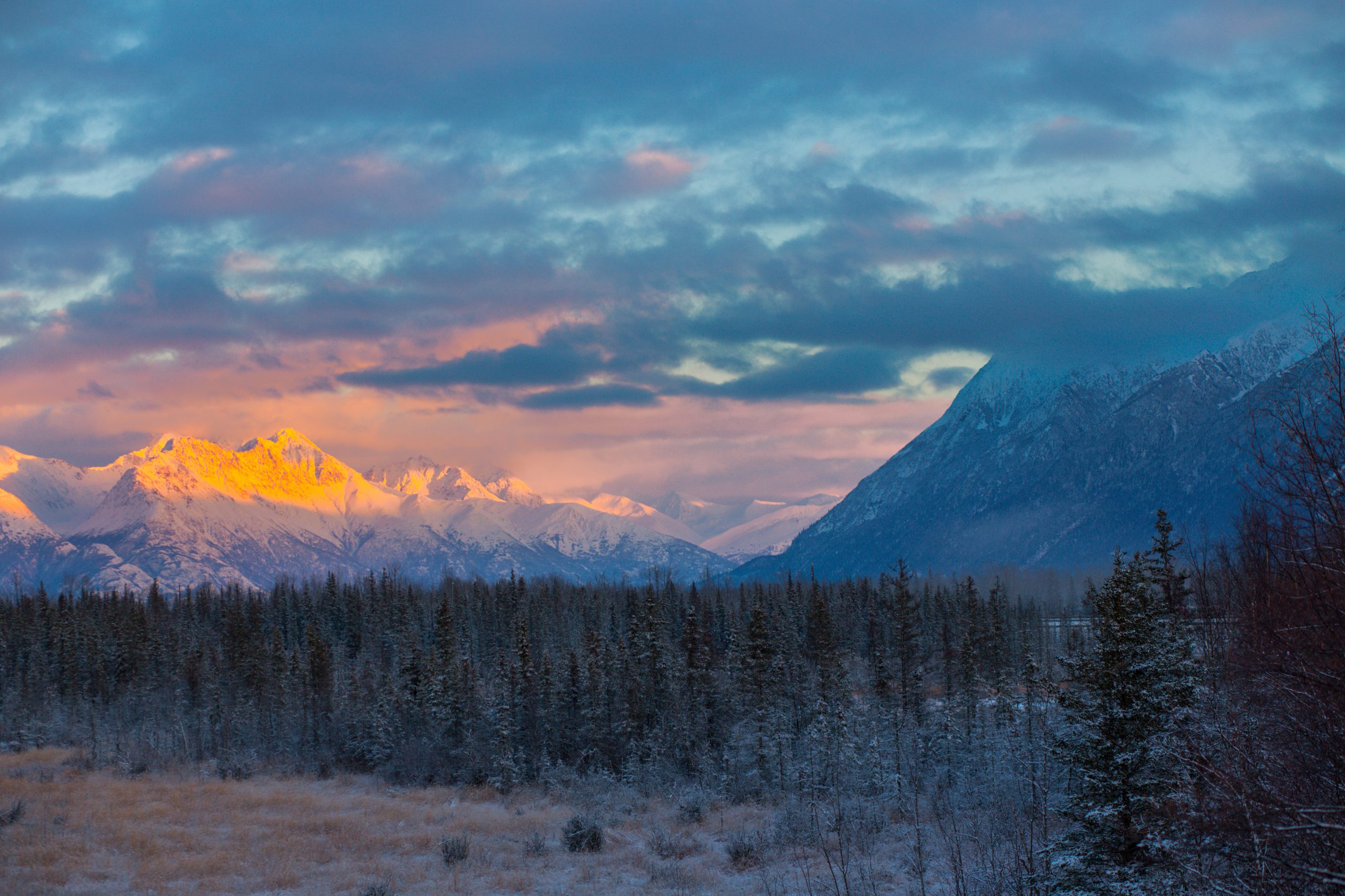 Reflections Lake Winter Snow Mountains Alaska Sunset